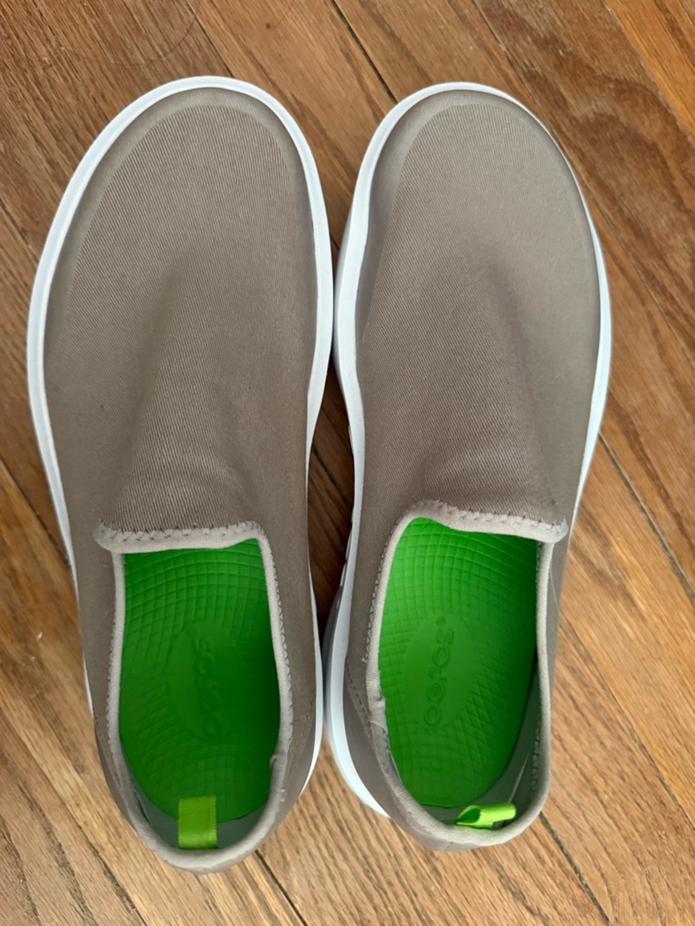 OOFOS Slip-On Sneakers in Taupe with Bright Green Insoles